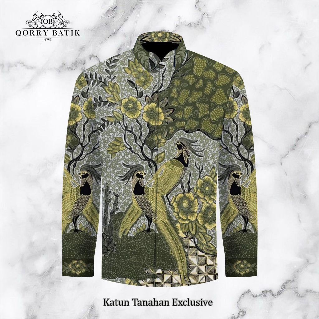 KAIN KEMEJA BATIK TULIS KATUN TANAHAN EXCLUSIVE motif JALAK BALI warna HIJAU ARMY