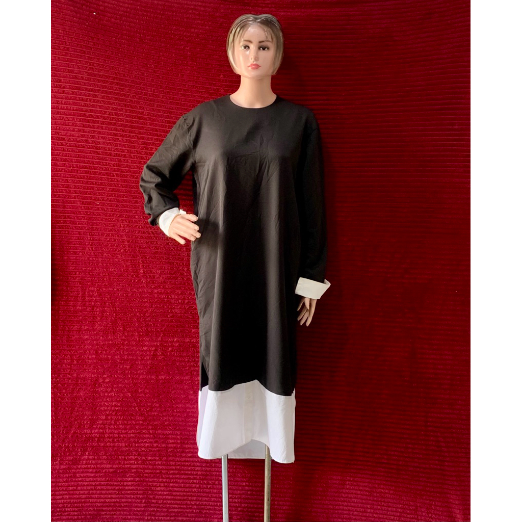 LONGDRESS HIJAB FASHION WANITA HITAM MIX PUTIH LENGAN PANJANG