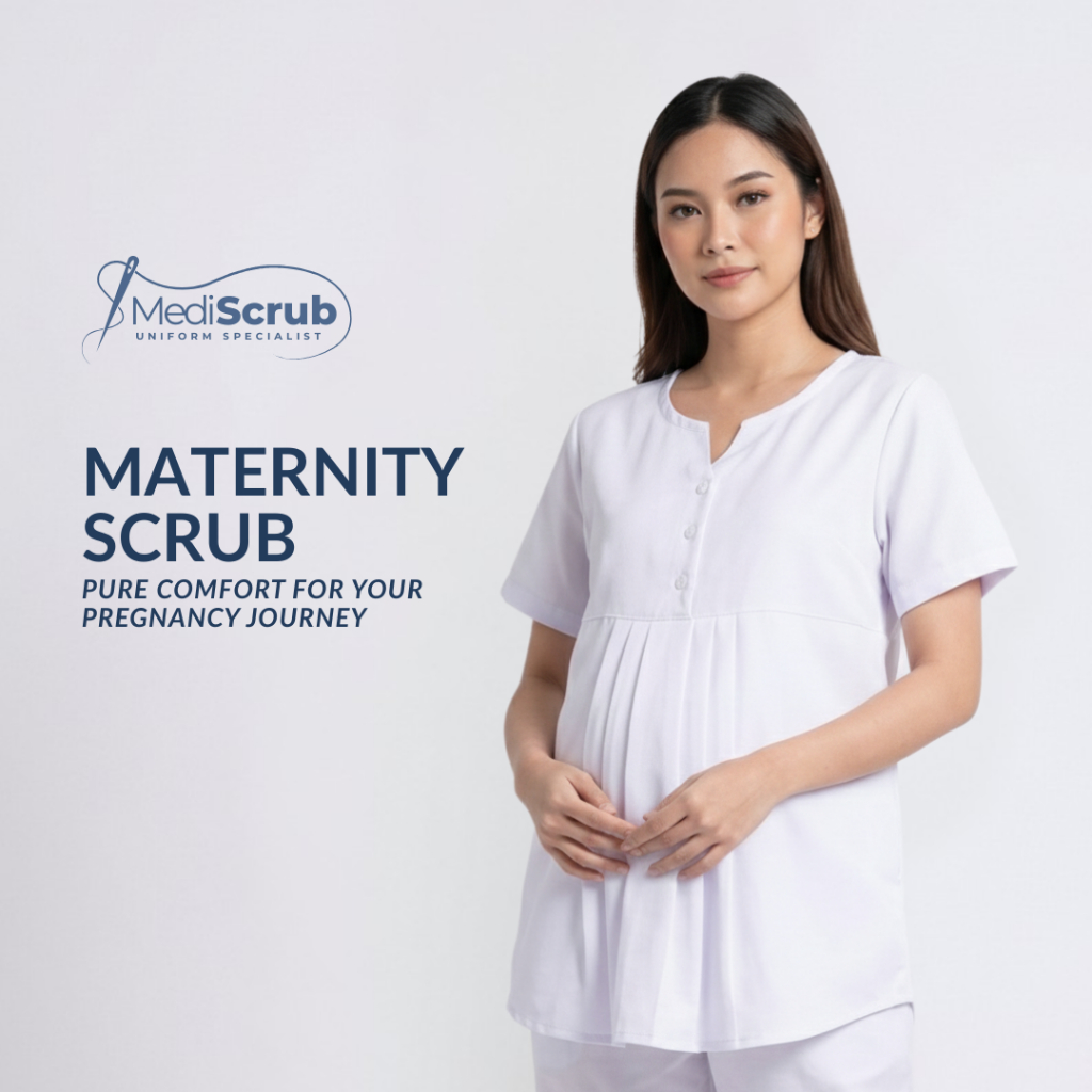 MediScrub - Seragam Hamil Medis Warna Putih - Baju Jaga Ibu Hamil Kancing Atas Lengan Pendek Tali Pi