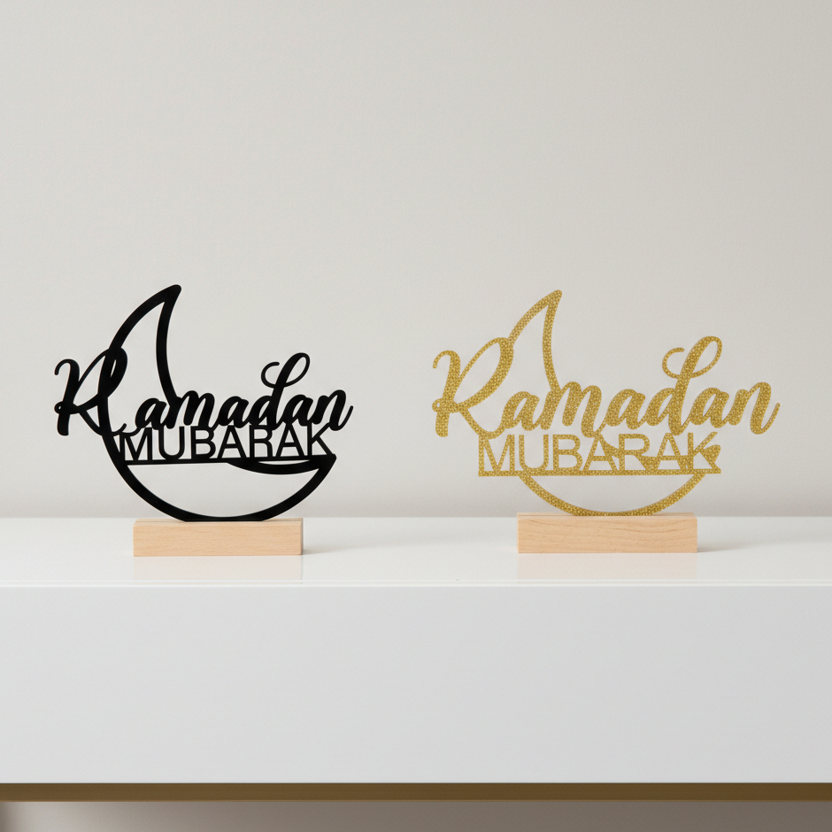 **DEKOR SIMPEL//  Dekorasi Meja Ramadhan Mubarak Akrilik Mirror Gold & Stand Kayu - Hiasan Bulan Sab