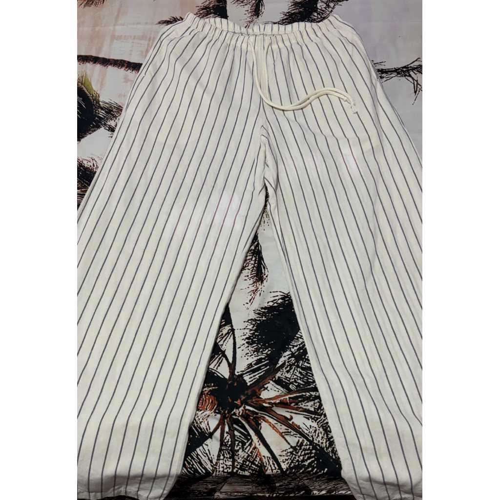 preloved celana uniqlo linen stripe | women's linen blend easy pants stripe | celana linen panjang w