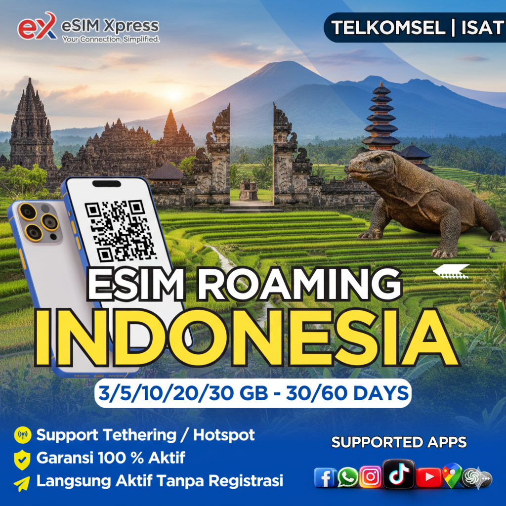 eSIM Roaming Telkomsel Indonesia 3GB/5GB/10GB/20GB Data | 30 Hari | Solusi IMEI Blokir IPHONE Inter