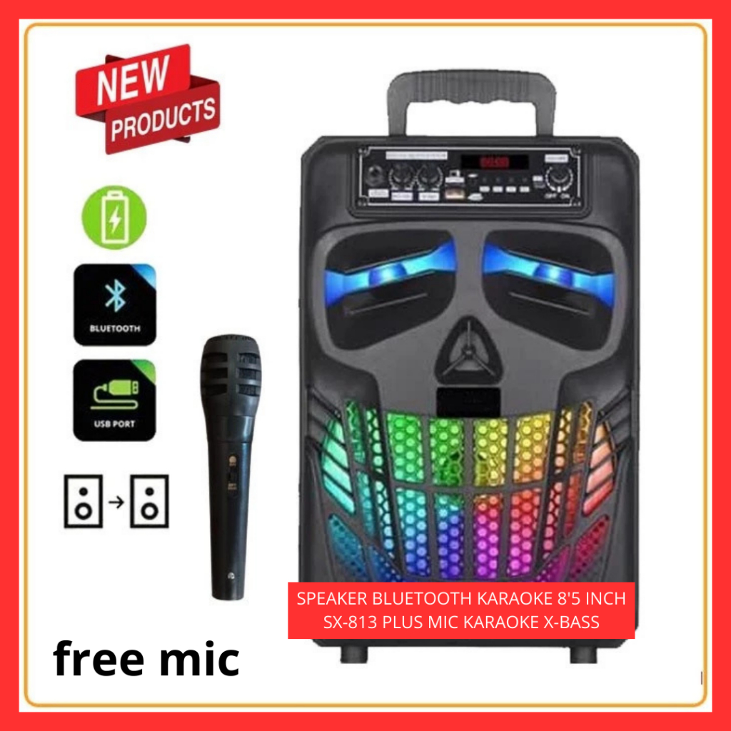 Speaker Bluetooth Karaoke SX-813 Plus Mic USB 8 Inch Super Bass 300W LED Display