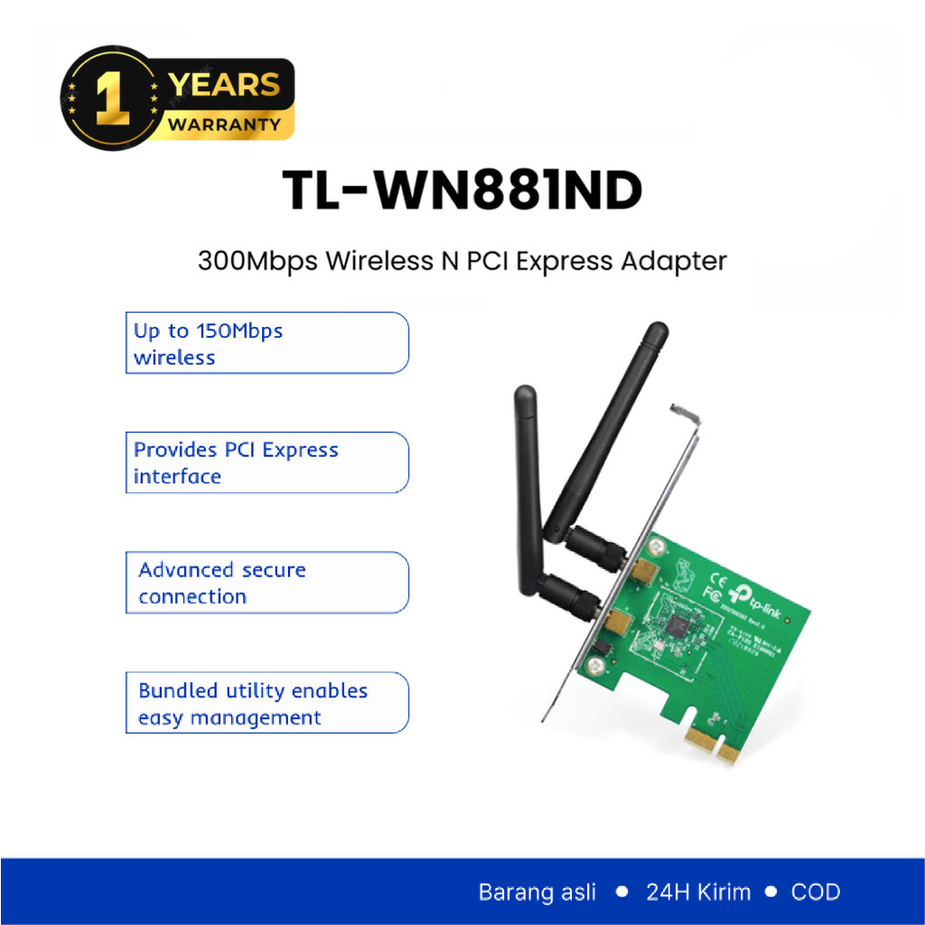 TP-LINK TL-WN881ND | Adaptor WiFi PCI Express 300Mbps | Dengan WPS | Antena Dapat Dilepas | Untuk PC