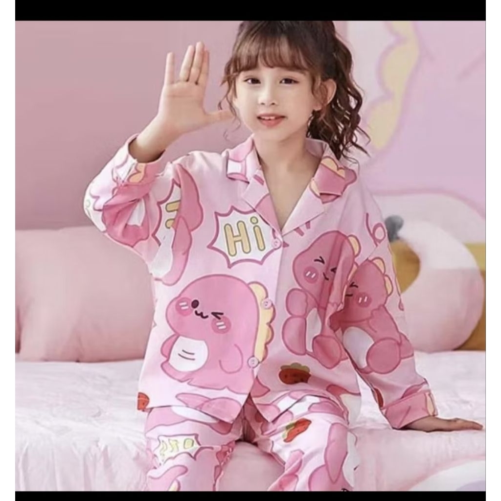 PIYAMA ANAK PP KANCING IMPORT DINO PINK 4 tahun