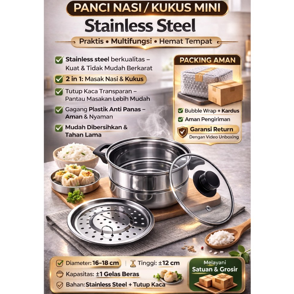 PANCI NASI/KUKUS MINI STAINLESS STELL TUTUP KACA