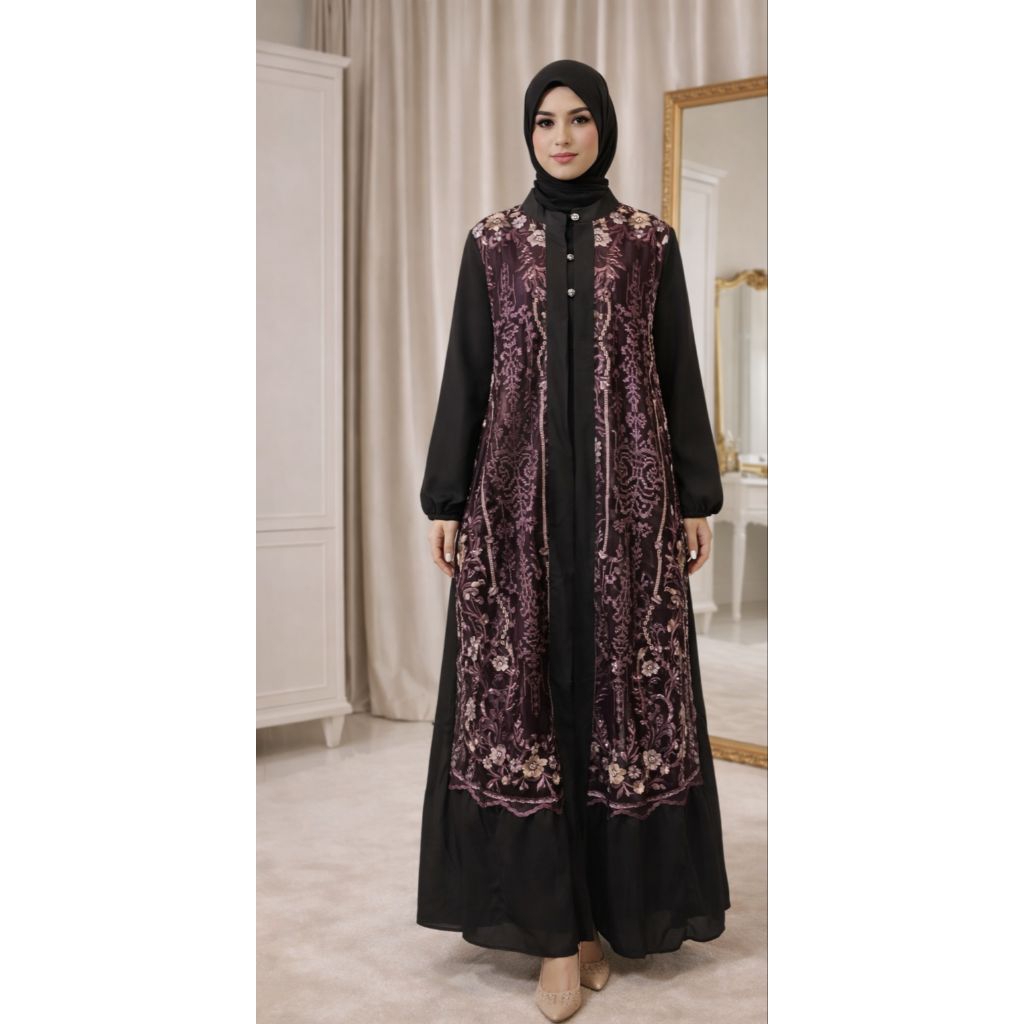 Baju Gamis Bahan Seruty Premiun elegan rompi brokat Muslimah Seruty A-Line Modern tali pinggang  Gam