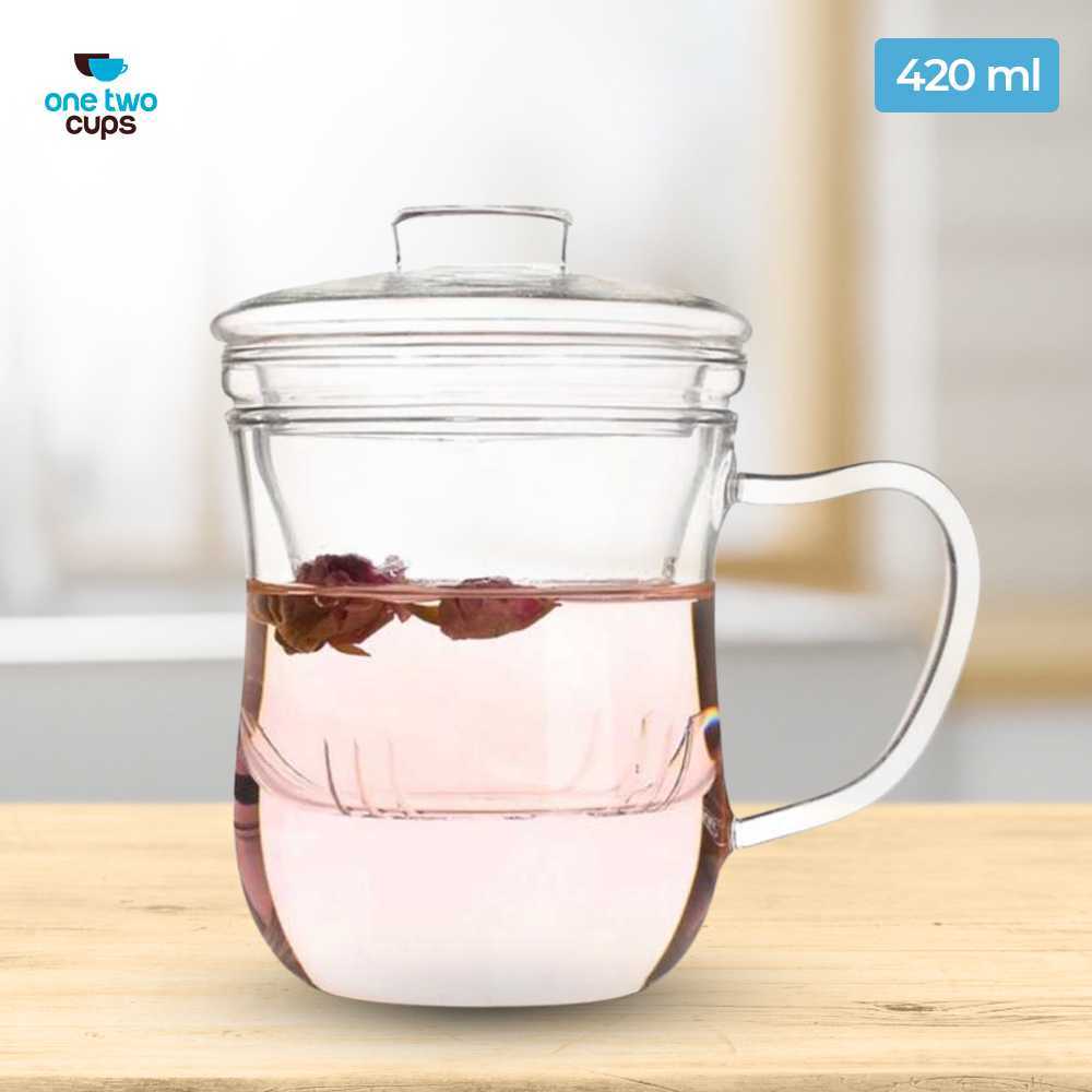 Cangkir Teh Kaca Besar 420ml dengan Infuser & Tutup Gelas Mug Teh Saringan Kaca Aesthetic Tahan Pana