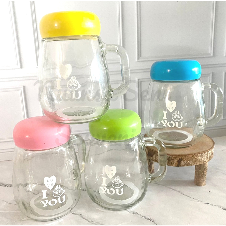 Botol Jar Warna Kaca Mini Tumbler Mug Minum Jug Gagang Kaca Kecil Teko Mini