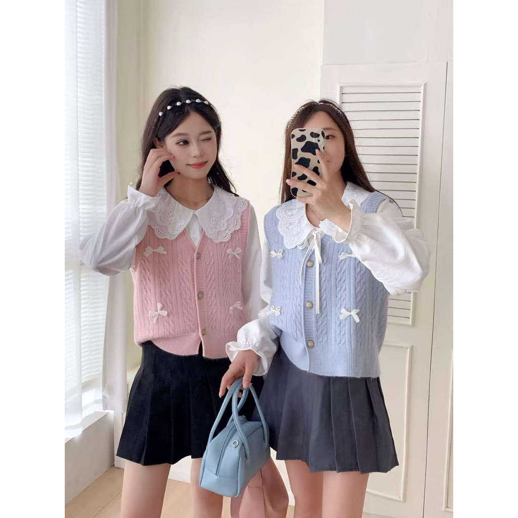 FUGUI Atasan Wanita Vest Kemeja Rajut Variasi Pita Outer Knitwear dengan Desain Elegan dan Warna Pas