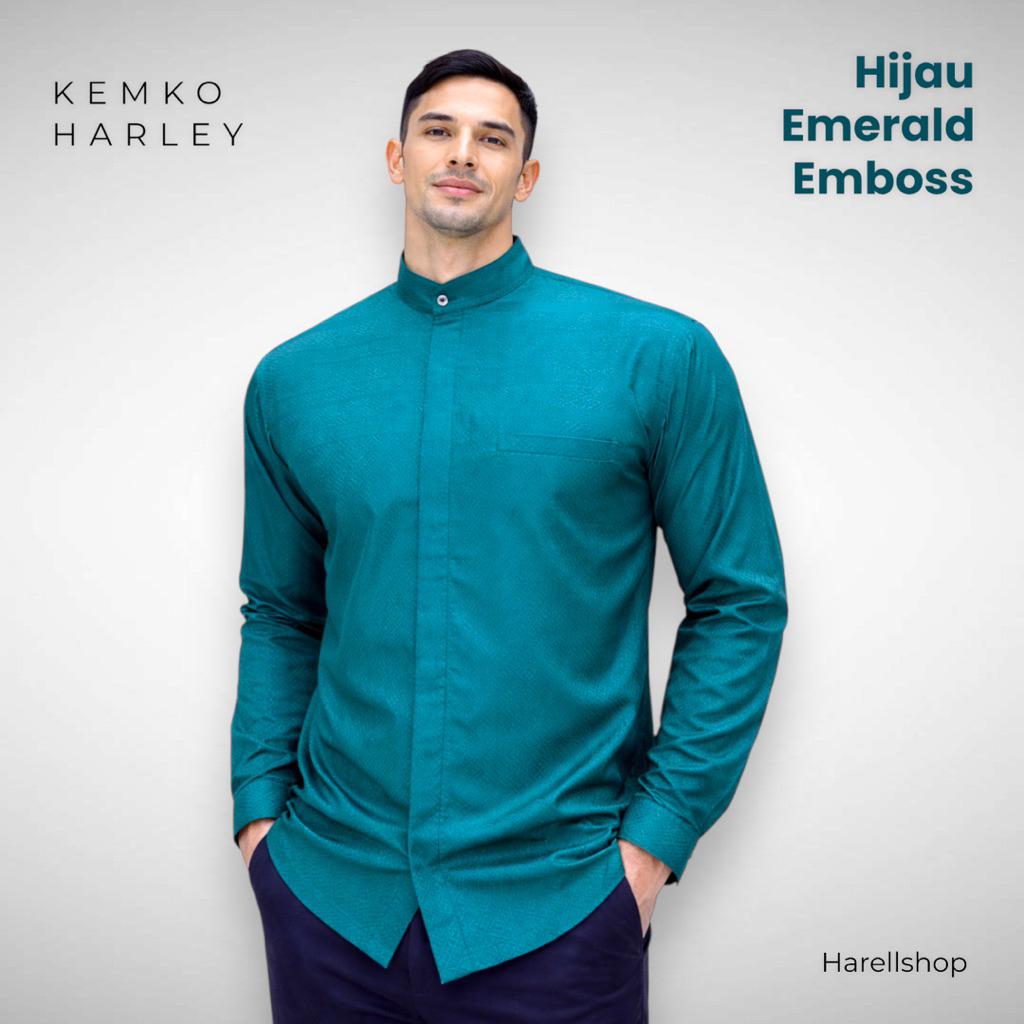 Kemko Harley Pria Lengan Panjang Hijau Emerald Emboss | Baju Koko Modern Premium | Katun Adem Elegan