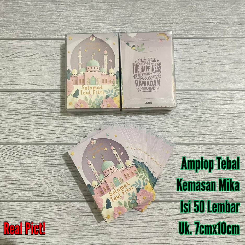 AMPLOP LEBARAN KEMASAN MIKA ISI 50 LEMBAR AMPLOP IDUL FITRI THR LUCU GIFT EID MUBARAK MOTIF BANYAK I