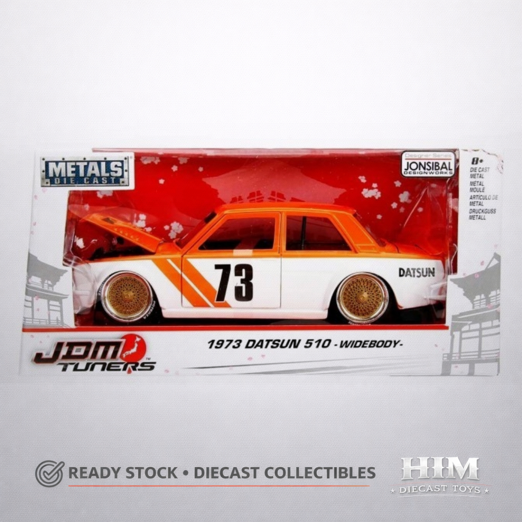 Jada 1/24 JDM Tuners 1973 Datsun 510 Widebody Orange White - Original Diecast Jonsibal Design