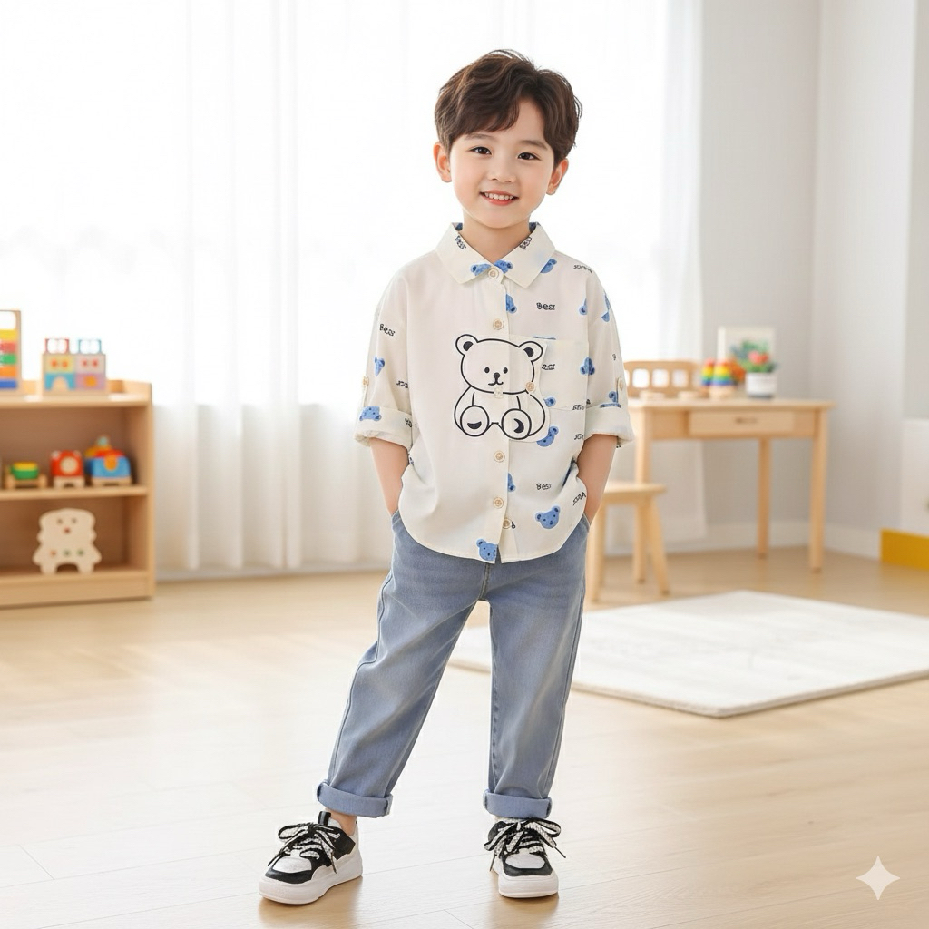 [COD] SETELAN KEMEJA ANAK COWOK UMUR 1-4 TAHUN SUPER PREMIUM - SET KEMEJA BEAR ANAK LAKI-LAKI LEBARA