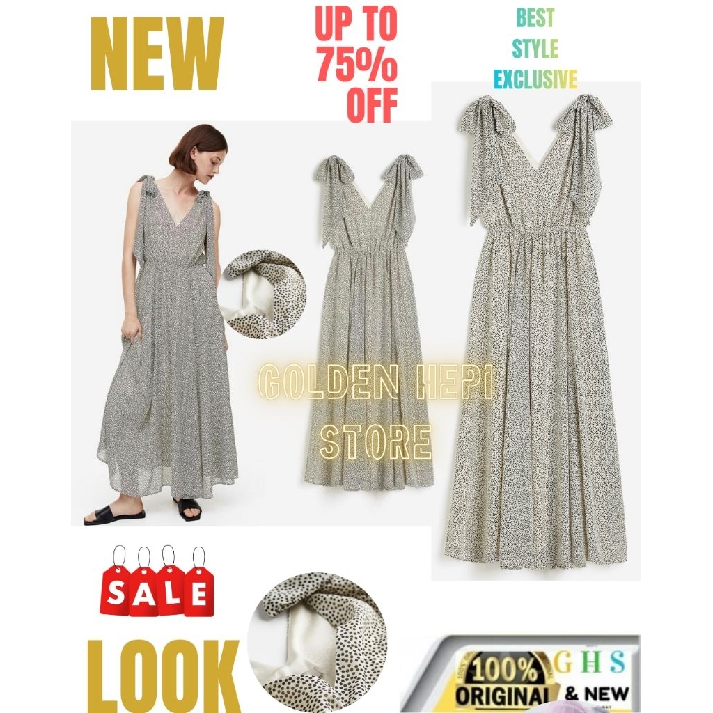 DRESS MAXI DRESS WANITA HM SPOTTED KADODT ESTALANCE RUFFLE V - Neck Dress