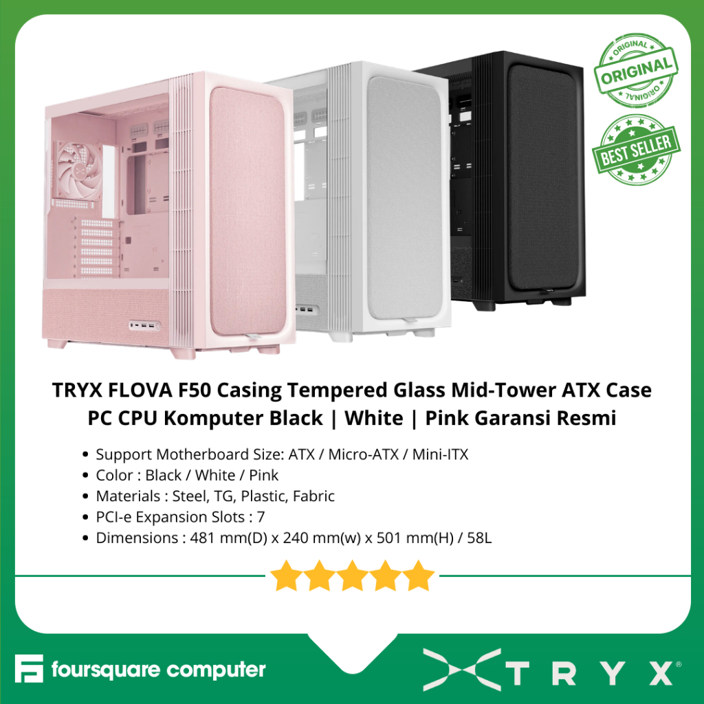 TRYX FLOVA F50 Casing Tempered Glass Mid-Tower ATX Case PC CPU Komputer Black | White | Pink Garansi