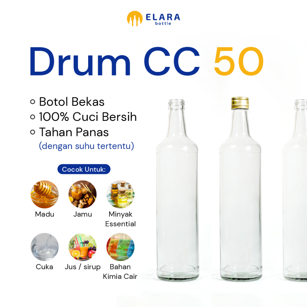 (BUNDLE 12 & 24 PCS) Elara Botol - Drum CC 50 | Botol Kaca Bekas | Botol Kaca Bening | Botol 620 ML 
