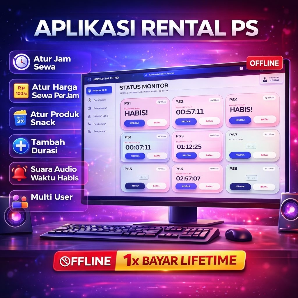 Aplikasi Rental PS Offline Full Fitur | Sistem Billing Rental PlayStation PC/Laptop | Multi User | 1