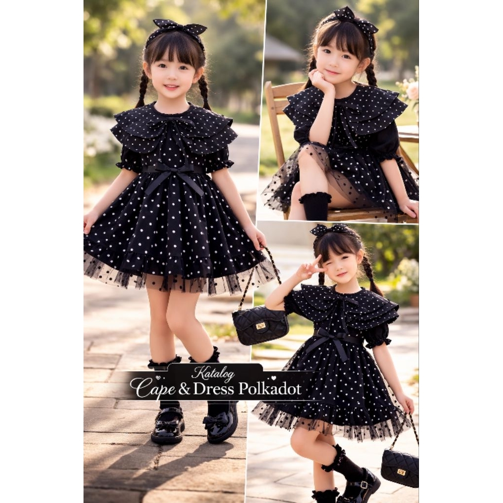 EMC - Cape Polkadot anak all size | Cape anak perempuan 2 lapis lucu motif polkadot