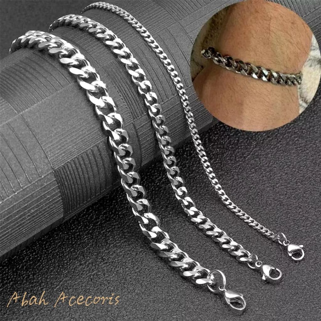 Gelang Pria Wanita Titanium Rantai Silver Putih Perak Asli Rante Cowok Cewek Keren Anti karat..