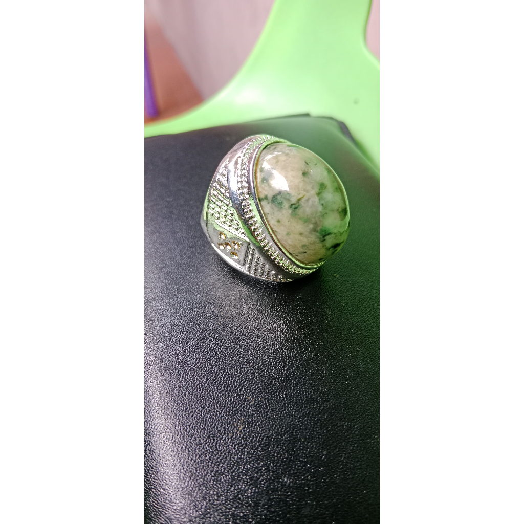 Cincin Batu Sungai Dareh Asli Oval Besar – SDR Lumut Putih Natural Ring Perak Alpaka