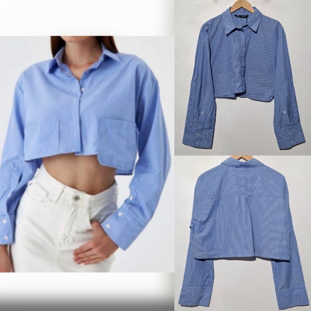 ZARA WOMAN KEMEJA POCKET STRIPE CROP SHIRT BARU ASLI ORIGINAL