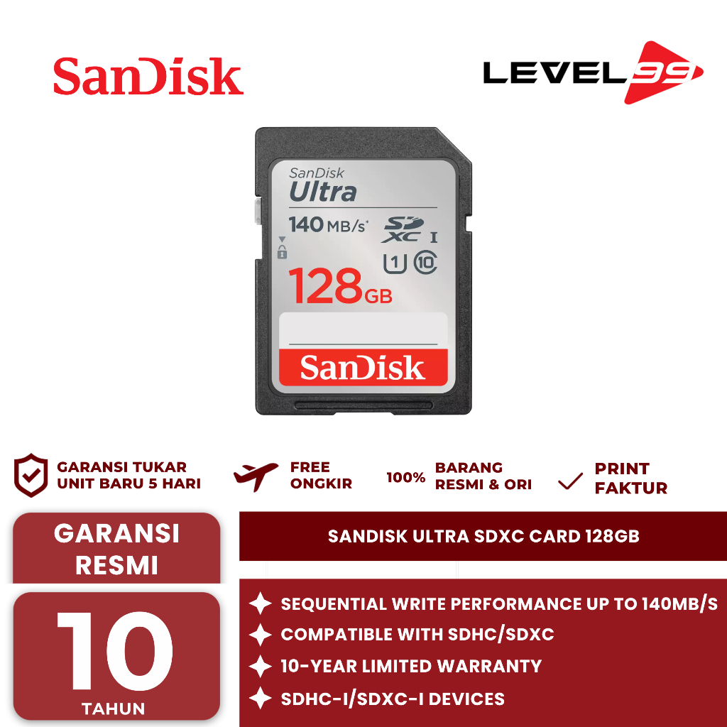 SanDisk Ultra SDXC Card 128GB 140MB/s Class 10 UHS-I - (SDSDUNB-128G-GN6IN)