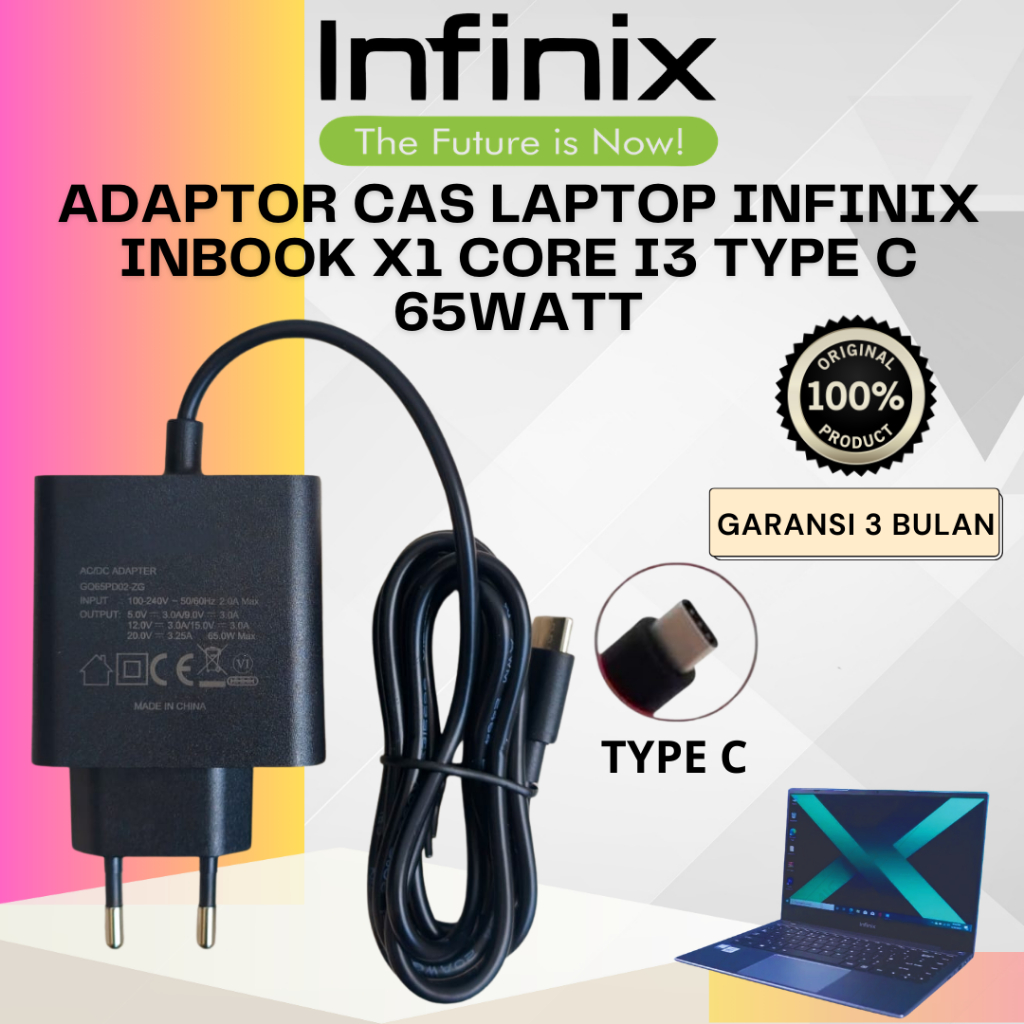 Adaptor Cas Laptop Infinix Inbook X1 Core i3 Type C 65watt Garansi 3 Bulan