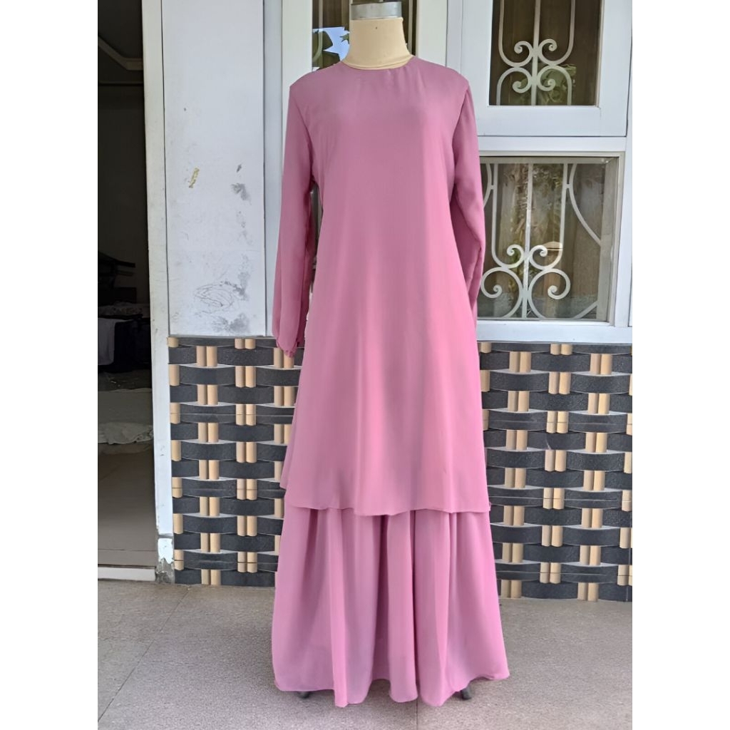 [Preloved] Gamis Model Kurung Malaysia - Dusty Pink, BAHAN CERUTY BABY DOLL FULL PURING