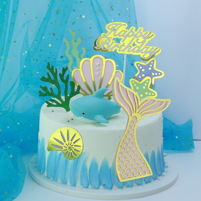 Topper Cake Aneka Hiasan Laut Isi 8 / Dekorasi Ikan Hiu / Kerang / Mermaid / Rumput Laut