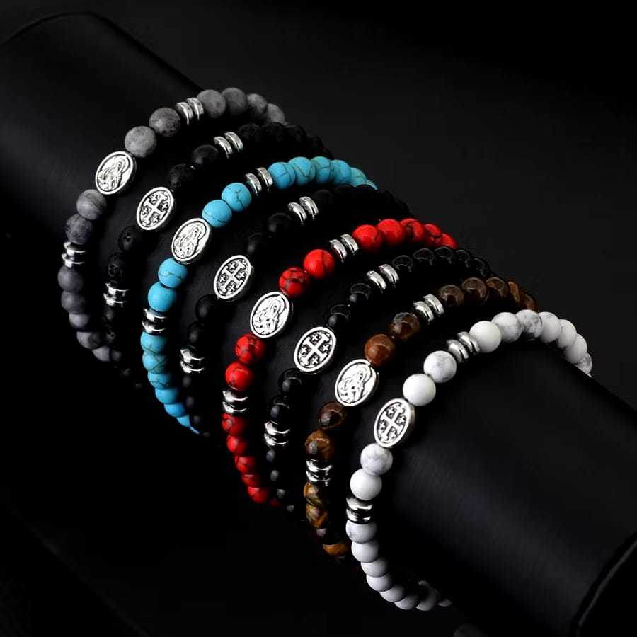 Gelang salib pria dan wanita katolik beads stone bracelet batu alam giok