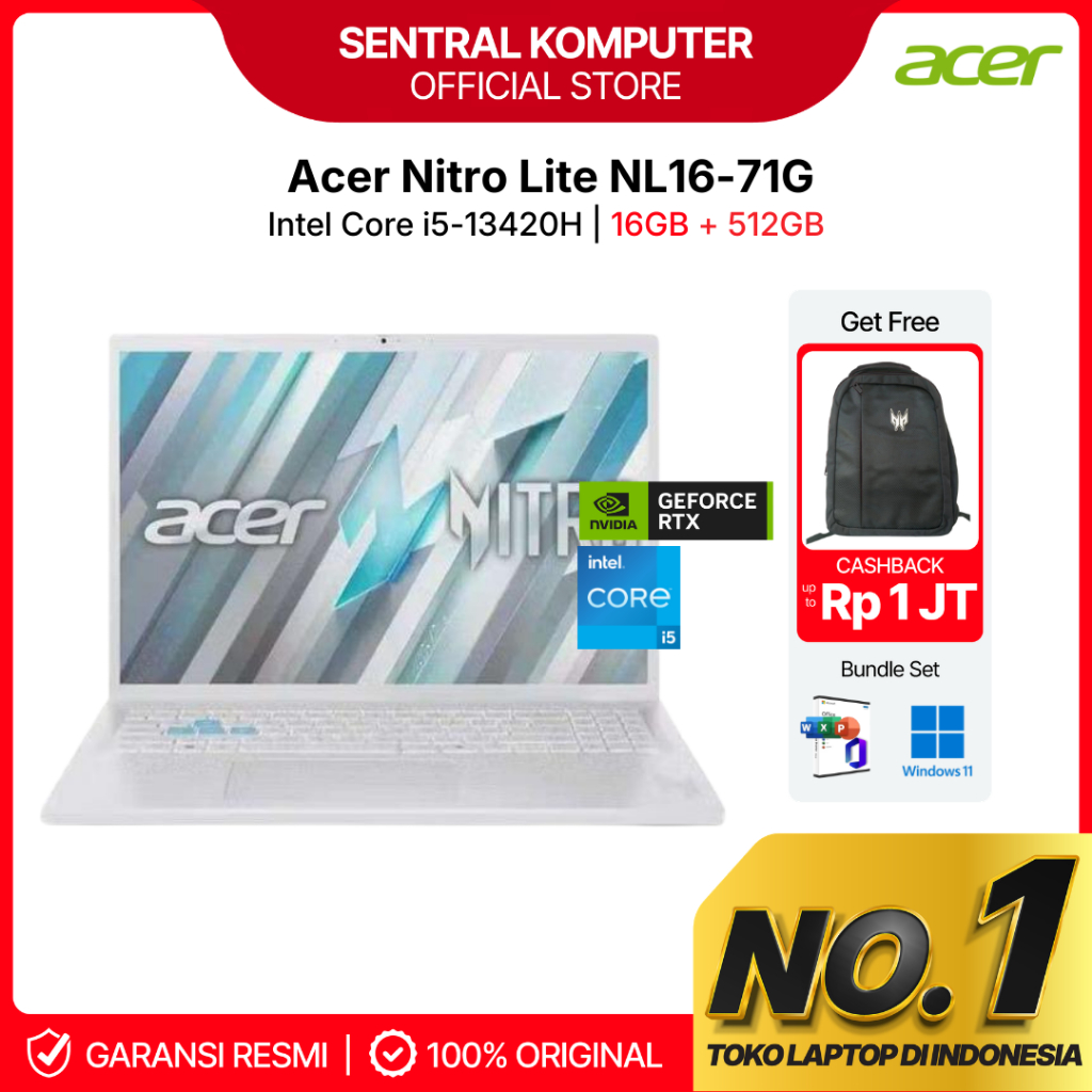 Acer Nitro Lite NL16-71G 16 i5 13420H RTX4050 6GB RAM 16GB 512GB SRGB100 180Hz | W11+OHS 16.0WUXGA