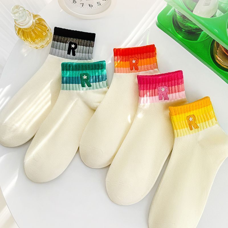 ENNWEN KK527 Kaos Kaki Wanita Ankle Mata Kaki Anti Bau Trendy Gradient Letter R Gaya Jepang Japanese