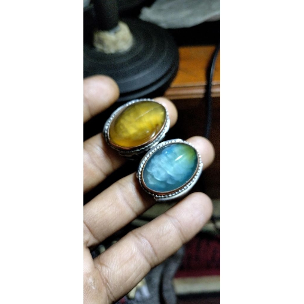 Cincin batu akik pandan emas & biru langit