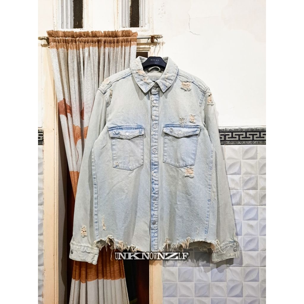 Zara Denim Overshirt Ripped Distressed