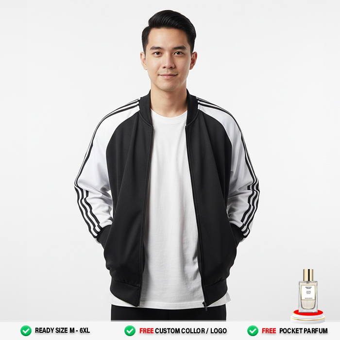 Jaket Sport Pria Wanita Tracktop Training Premium Fleece Tebal Zipper Full Hitam Putih Casual Harian