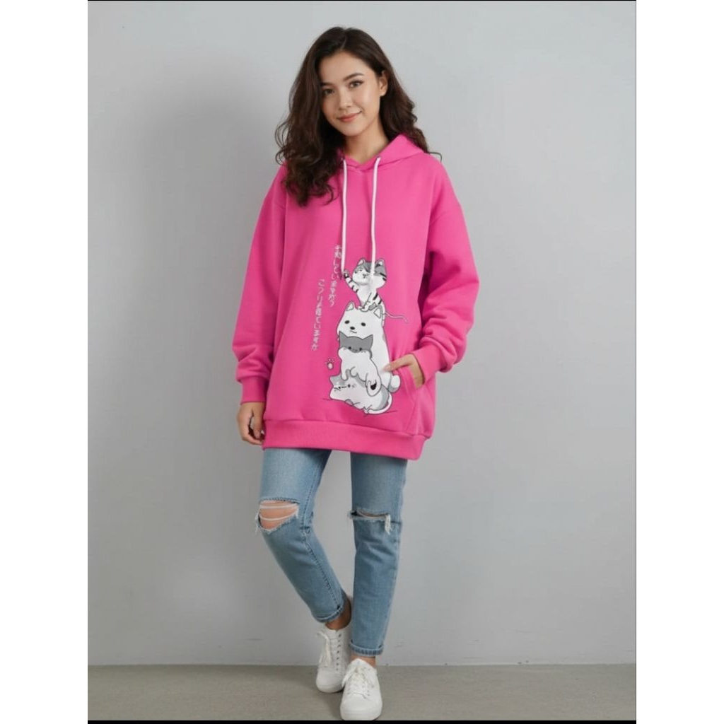 Hoodie Pria Wanita Sablon Kucing Jepang Hoodie Unisexs