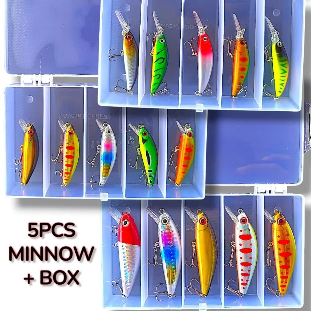 5 PCS MINNOW REPLIKA ASTUTI + BOKS . UMPAN CASTING