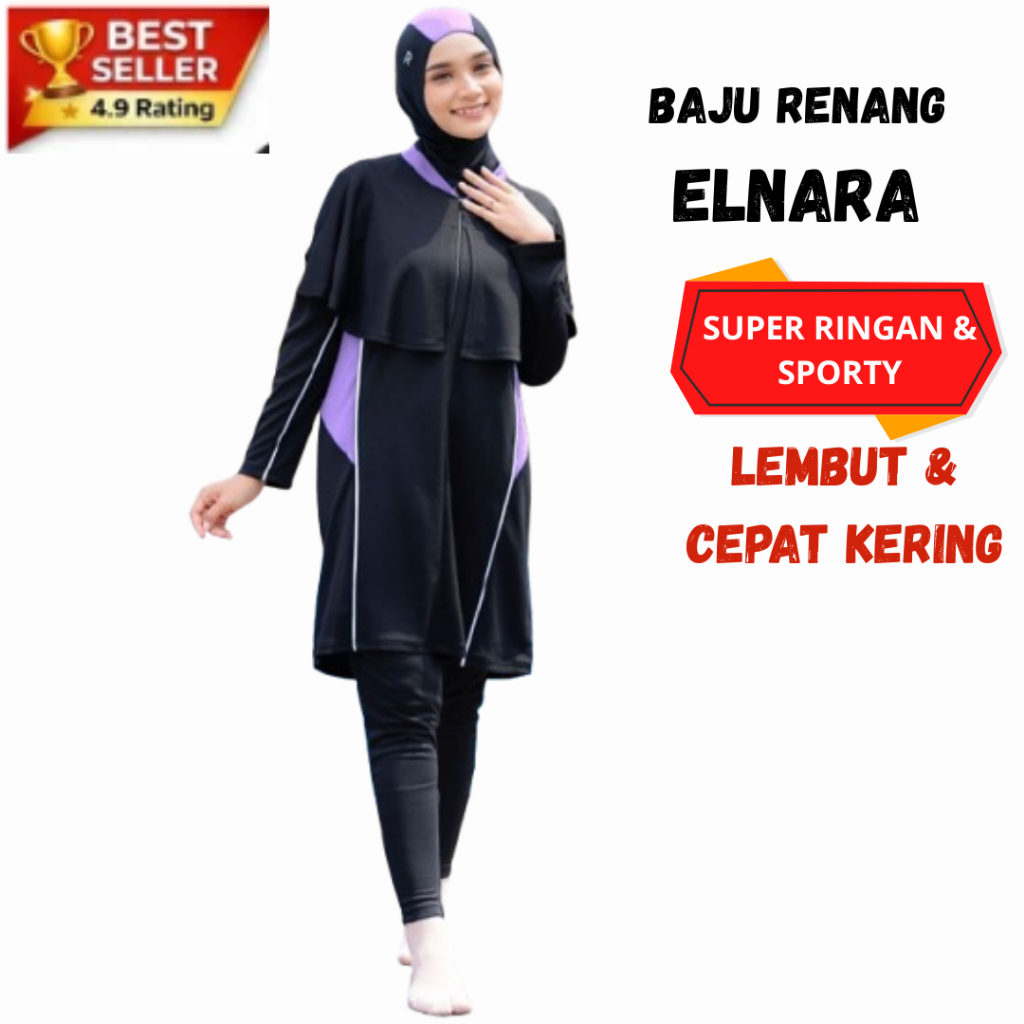 Swimwear Elnara Original Baju Renang Wanita Muslimah Syar'i Pakaian Renang Dewasa Warna Hitam