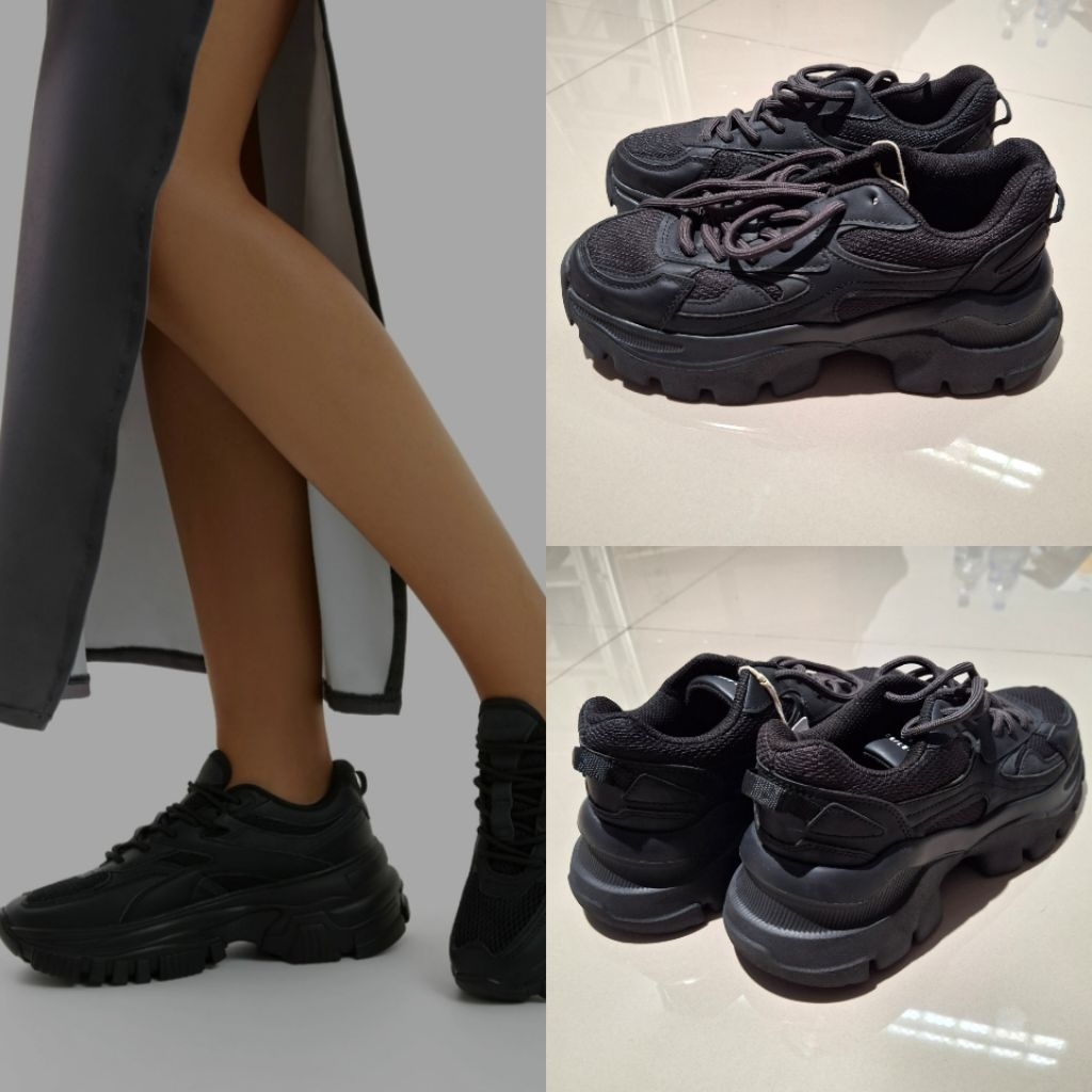 BERSHKA SEPATU SNEAKERS LOW BLACK BARU ASLI ORIGINAL