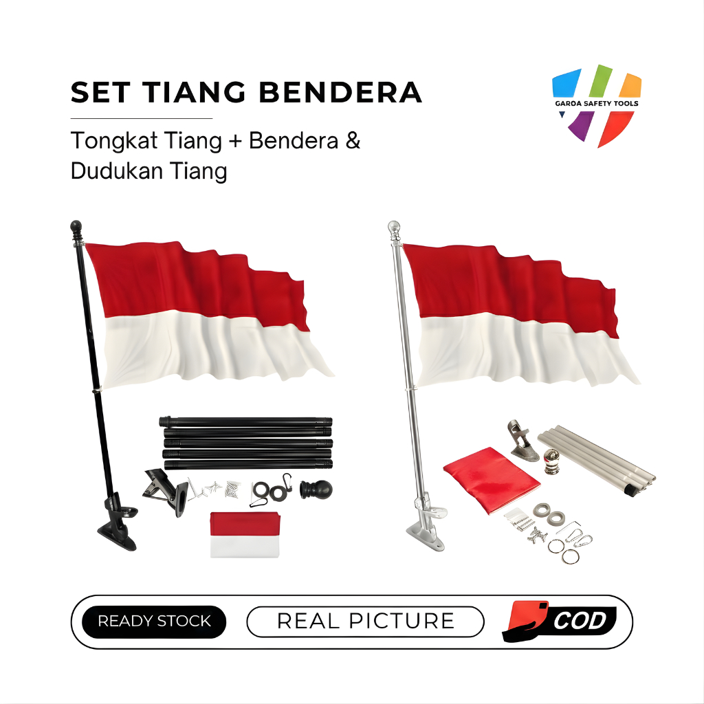 Set Tiang Bendera Dinding Lengkap (Tiang + Bendera + Bracket) - Tongkat Bendera Tempel Tembok Minima