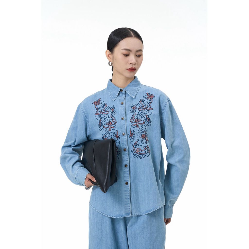 J&LEE'S – ESME TOP | Atasan Kemeja Denim Lengan Panjang | Bordir Bunga | Pakaian Wanita