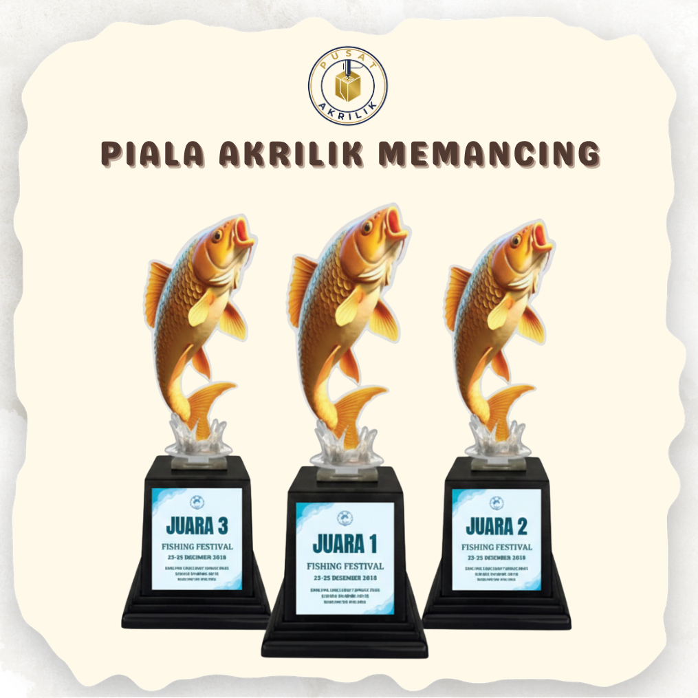 Piala Akrilik Memancing Motif Ikan Mas Sticker Custom Hadiah Lomba Kemerdekaan 17 Agustus Indonesia