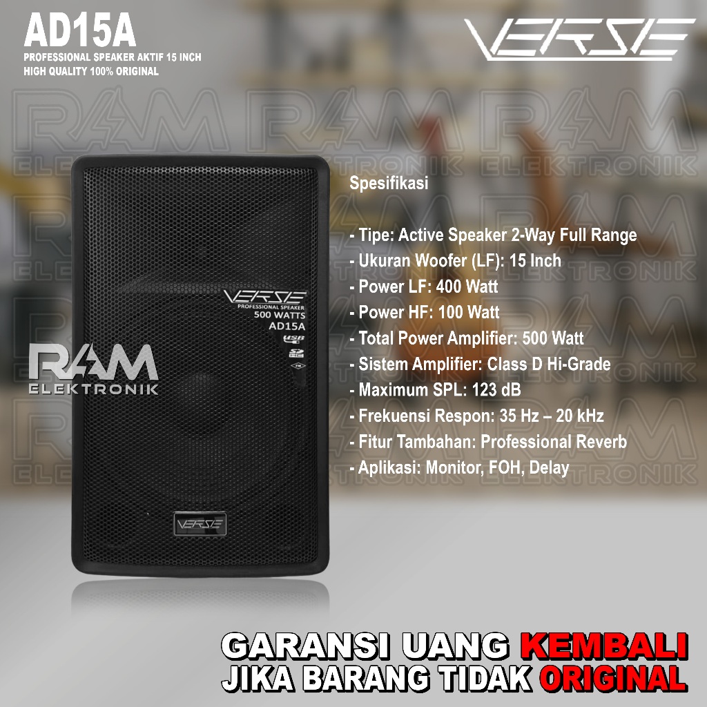 Speaker Aktif Monitor 15 Inch VERSE AD15A / AD 15A Original Bluetooth