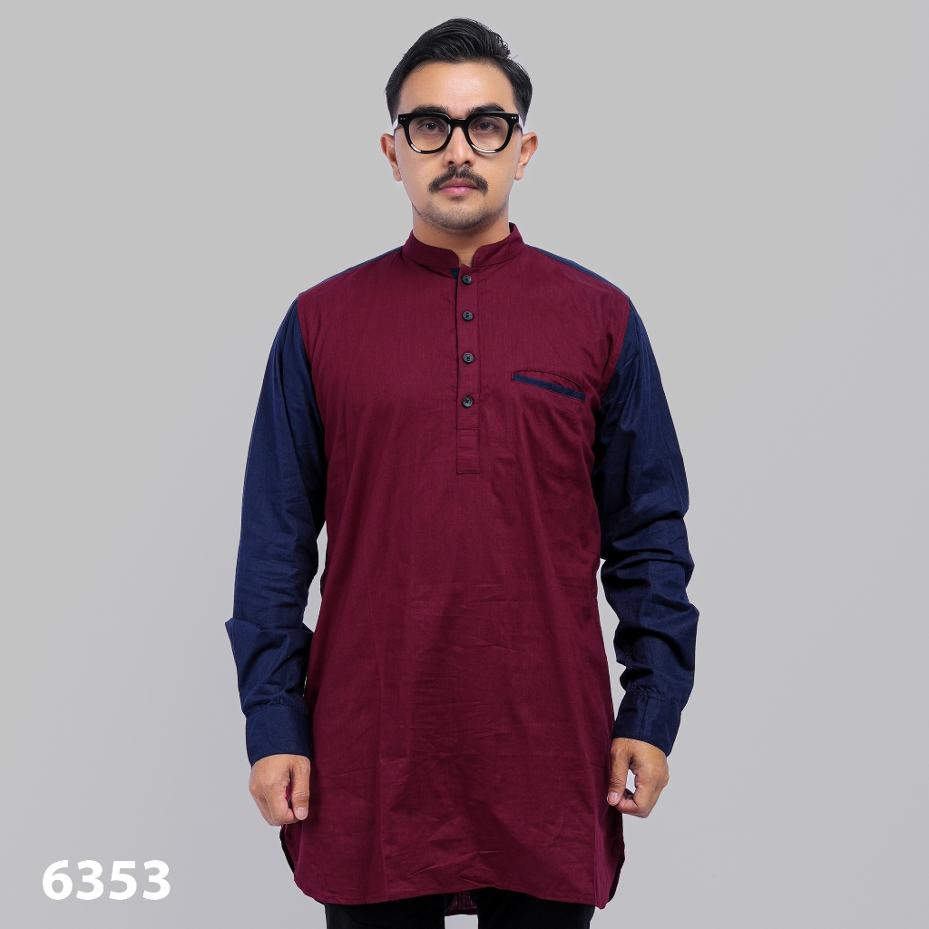 PAKAJI Kemeja Pria Lengan Panjang Linen Kerah Koko Kombinasi Merah Navy 6353