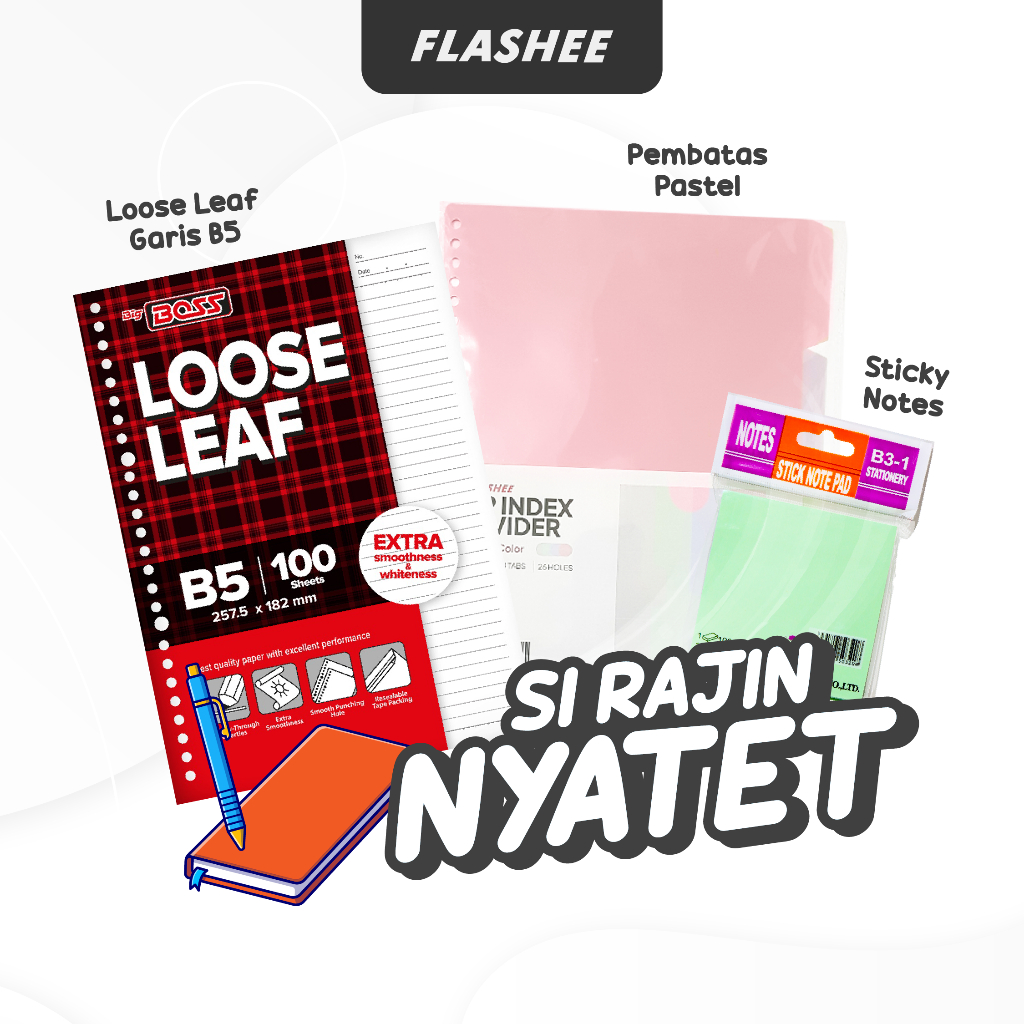 Flashee Loose Leaf Binder Pembatas Sticky Notes Paket Refill Isi Binder B5 Aesthetic