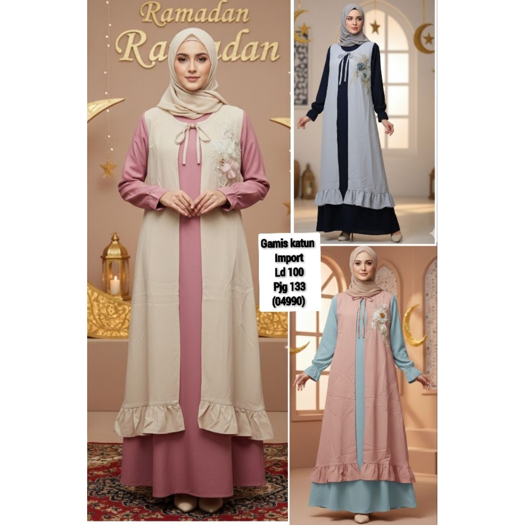 Gamis wanita polos/gamis katun rompi import (04990)