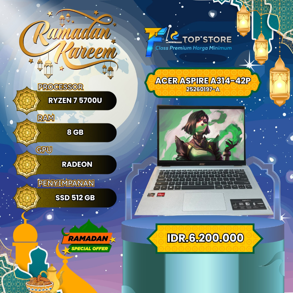 LAPTOP ACER ASPIRE A314-42P AMD RYZEN 7 5700U WITH RADEON RAM 8/512GB