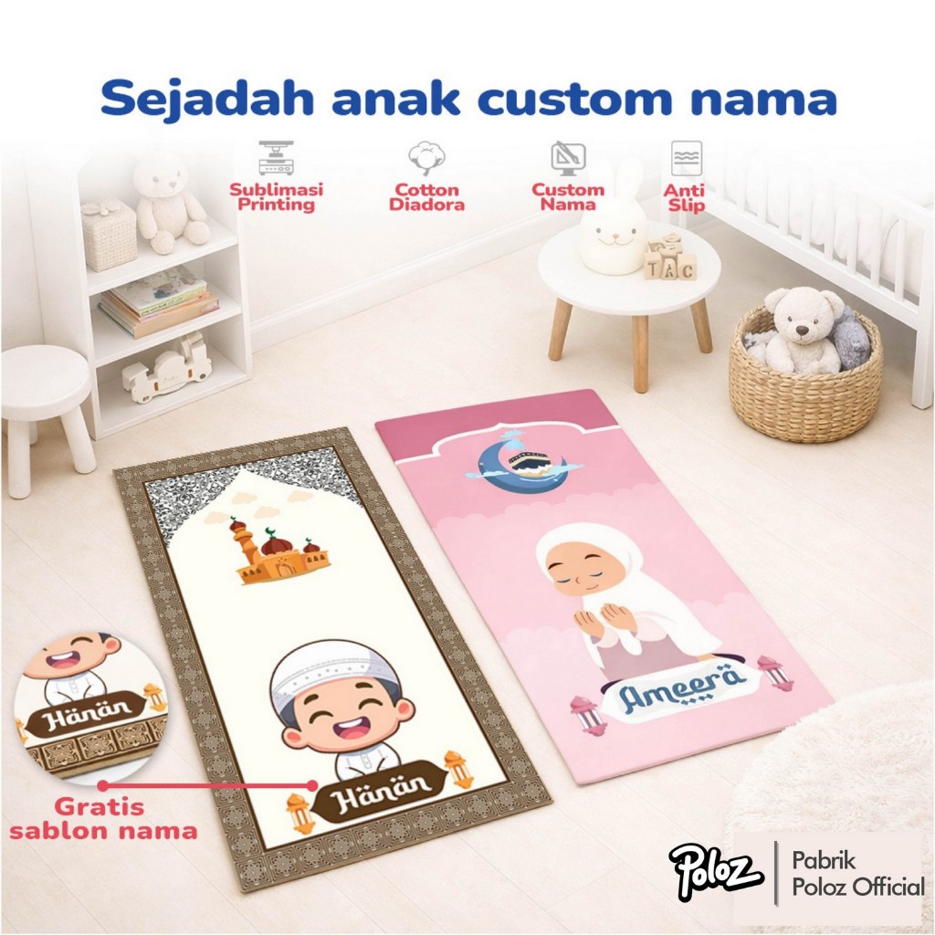 Sajadah Anak Custom Nama Laki Laki Perempuan Tebal Motif Karakter Premium [FREE PAKE NAMA] Print Sab