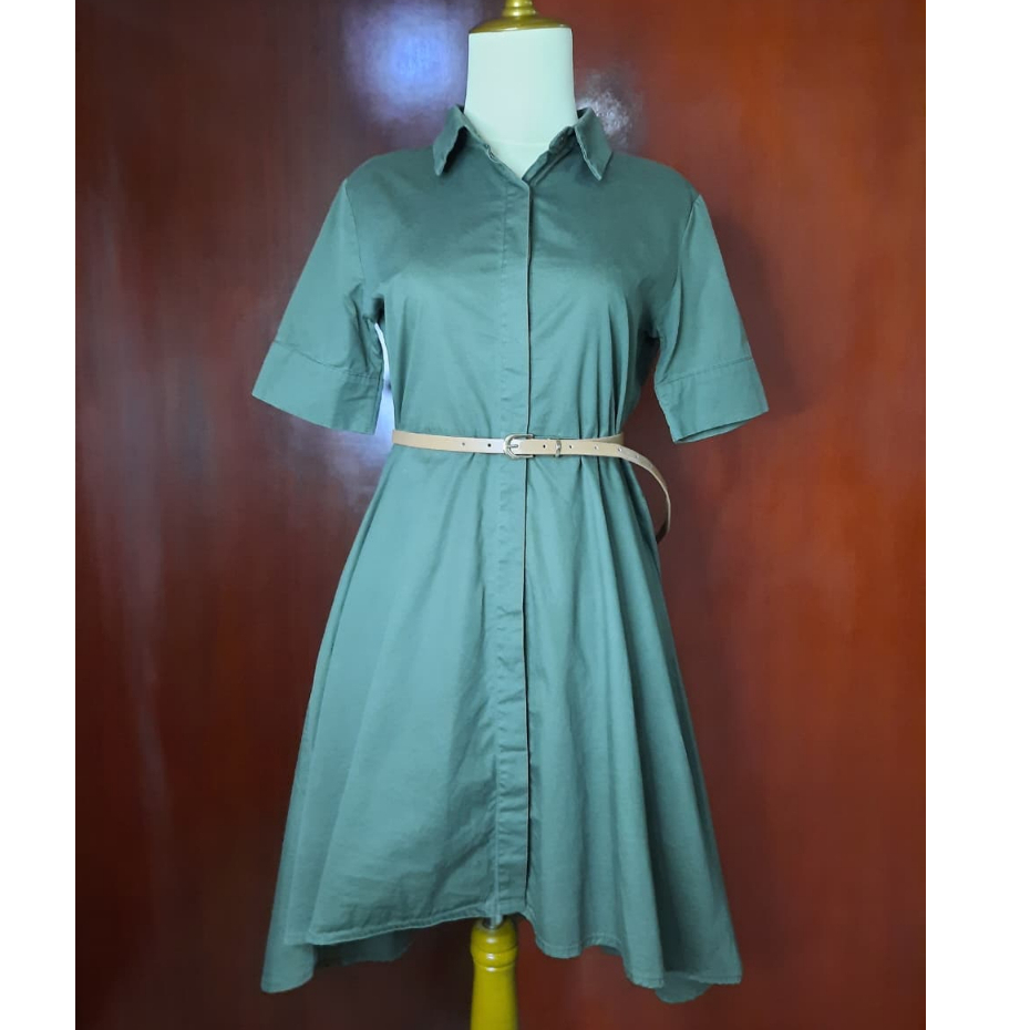 [Alien'sgecko] Midi Dress Hijau army Dress Casual Dress formal Dress kerah warna Hijau army